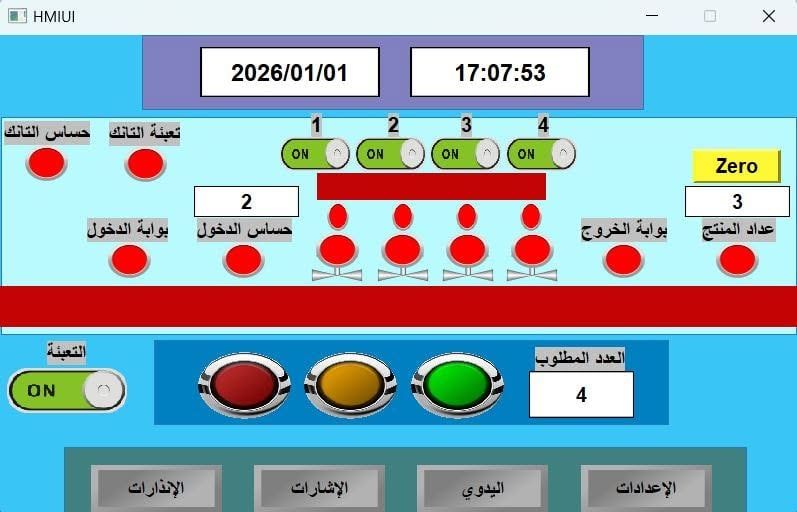 Arabic HMI screen of the filling machine with tank and gate sensors, four nozzle switches and a product counter