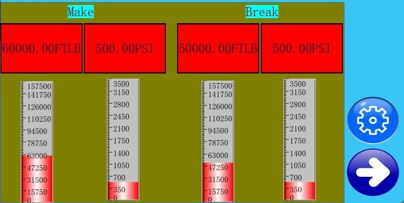 HMI test screen with make and break values in ft·lb and psi and bar-graph gauges