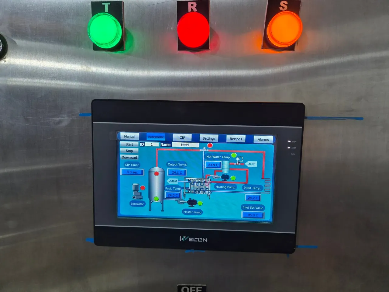 Wecon HMI on a stainless-steel cabinet showing the pasteurizer process, with tabs for Manual, Automatic, CIP, Settings, Recipes and Alarms
