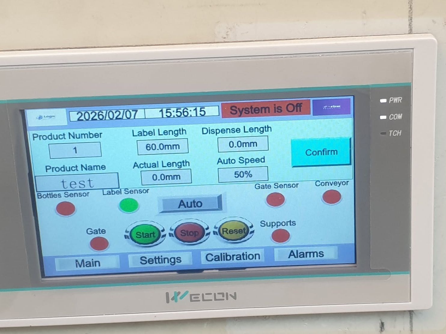 Wecon HMI main screen of the labeling machine with label length, dispense length, speed, sensor status and Start, Stop and Reset buttons