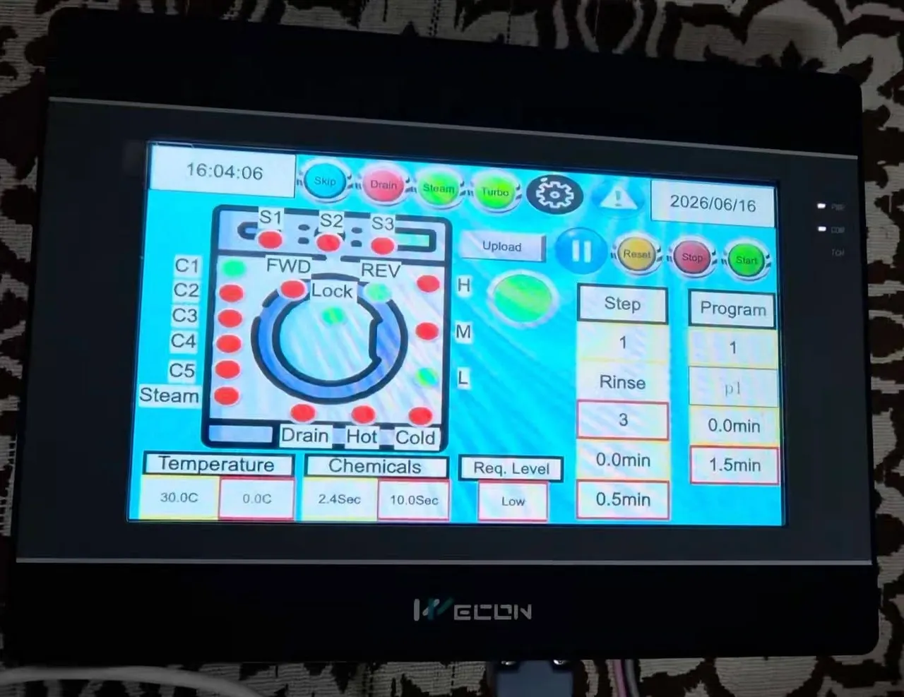 Wecon touch screen running a washer program with drum direction, door lock, water level, chemical inputs and step timers