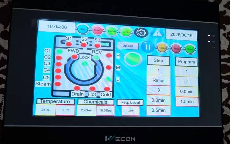 Wecon touch screen running a washer program with drum direction, door lock, water level, chemical inputs and step timers