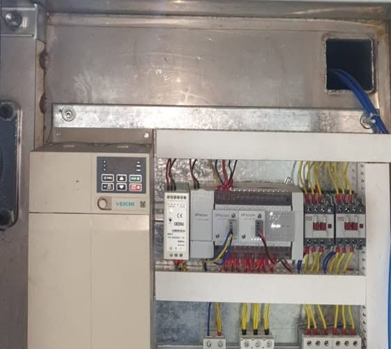Cheese cooker control panel with a VEICHI drive, Wecon PLC and expansion module, circuit breakers and relays