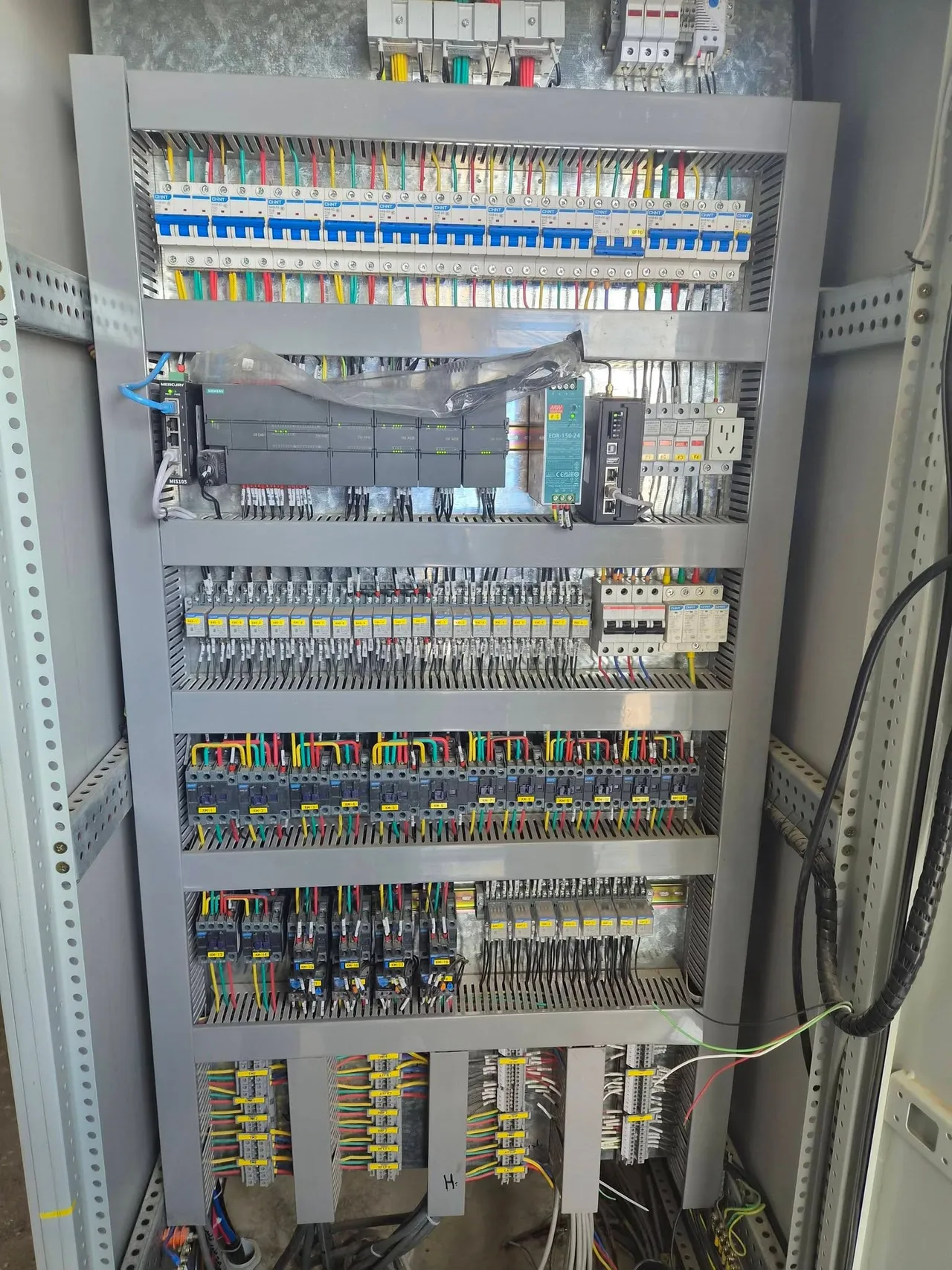 Control panel with a Siemens PLC and expansion modules, power supply, Ethernet switch, relays and contactors