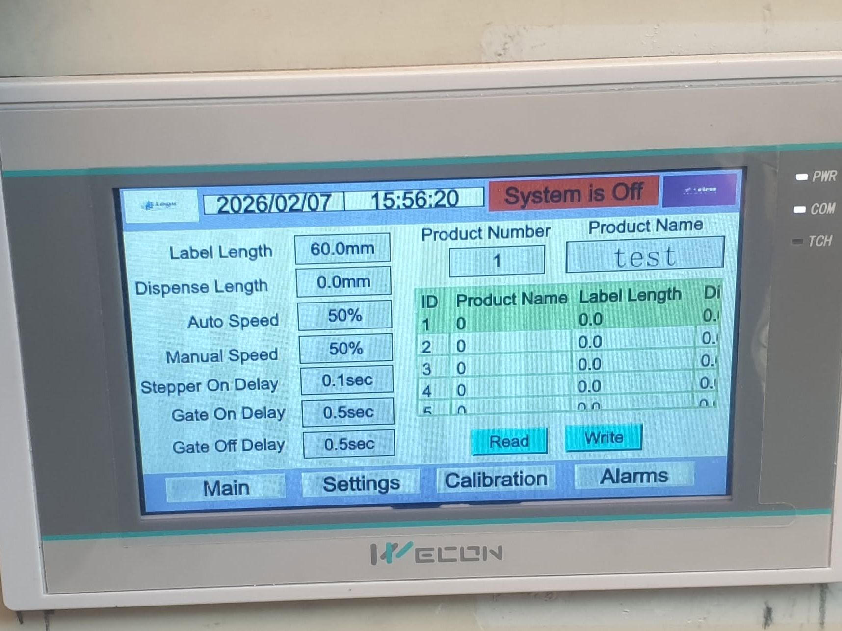 HMI settings screen with speeds, stepper and gate delays, and a product table with Read and Write buttons