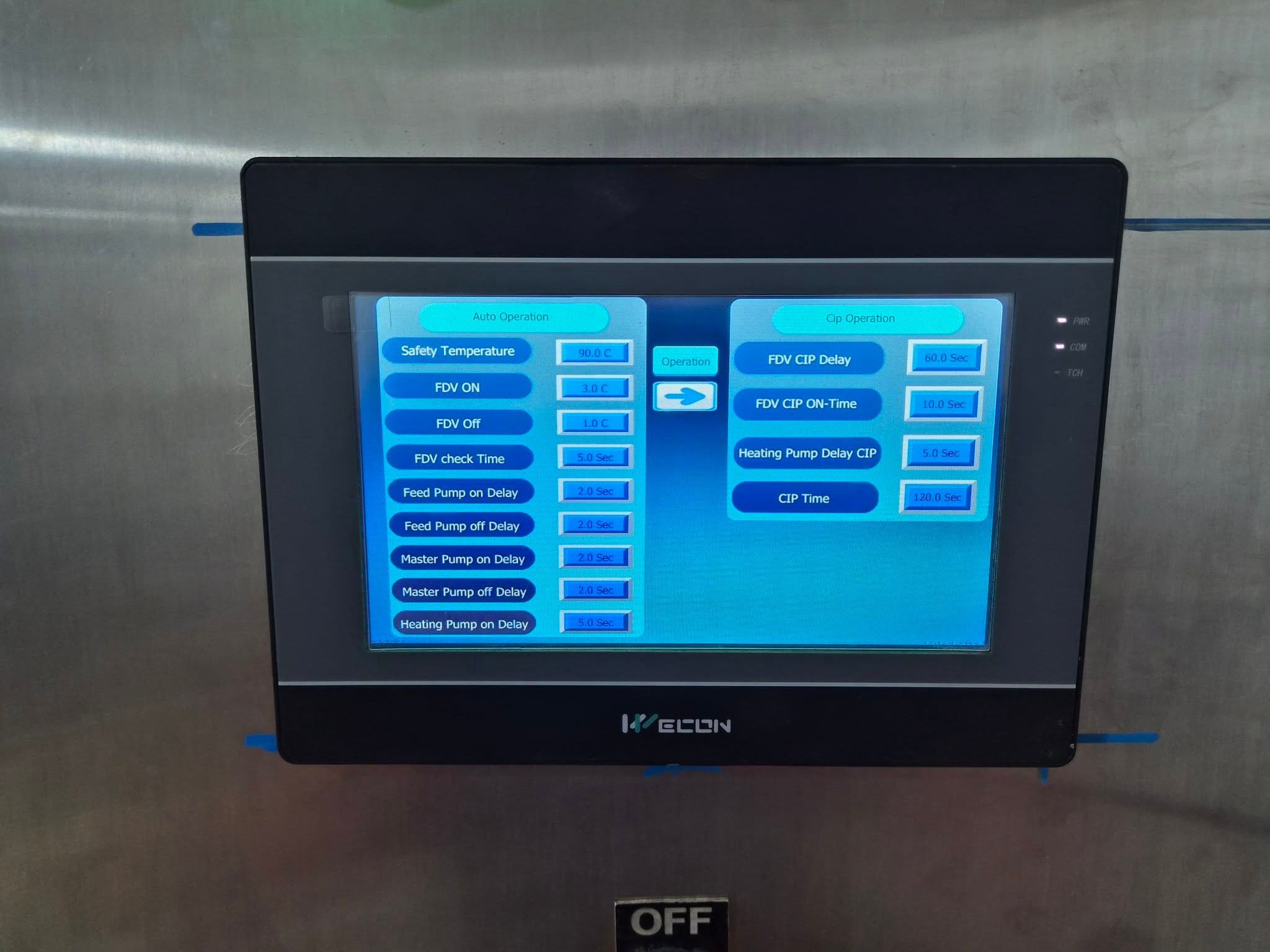 HMI settings screen with safety temperature, flow-diversion valve settings, pump delays and CIP timers